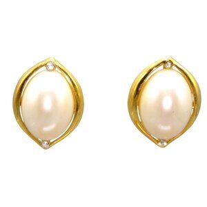 Vintage Marvella Oval Pearl Earrings, Gold Tone Framed Studs with Crystal Accent